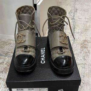 Chanel Gray Quilted Boots with Black and Gold Details